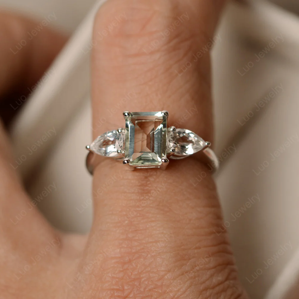 Green Amethyst Ring with Pear Side Stone - Image 3
