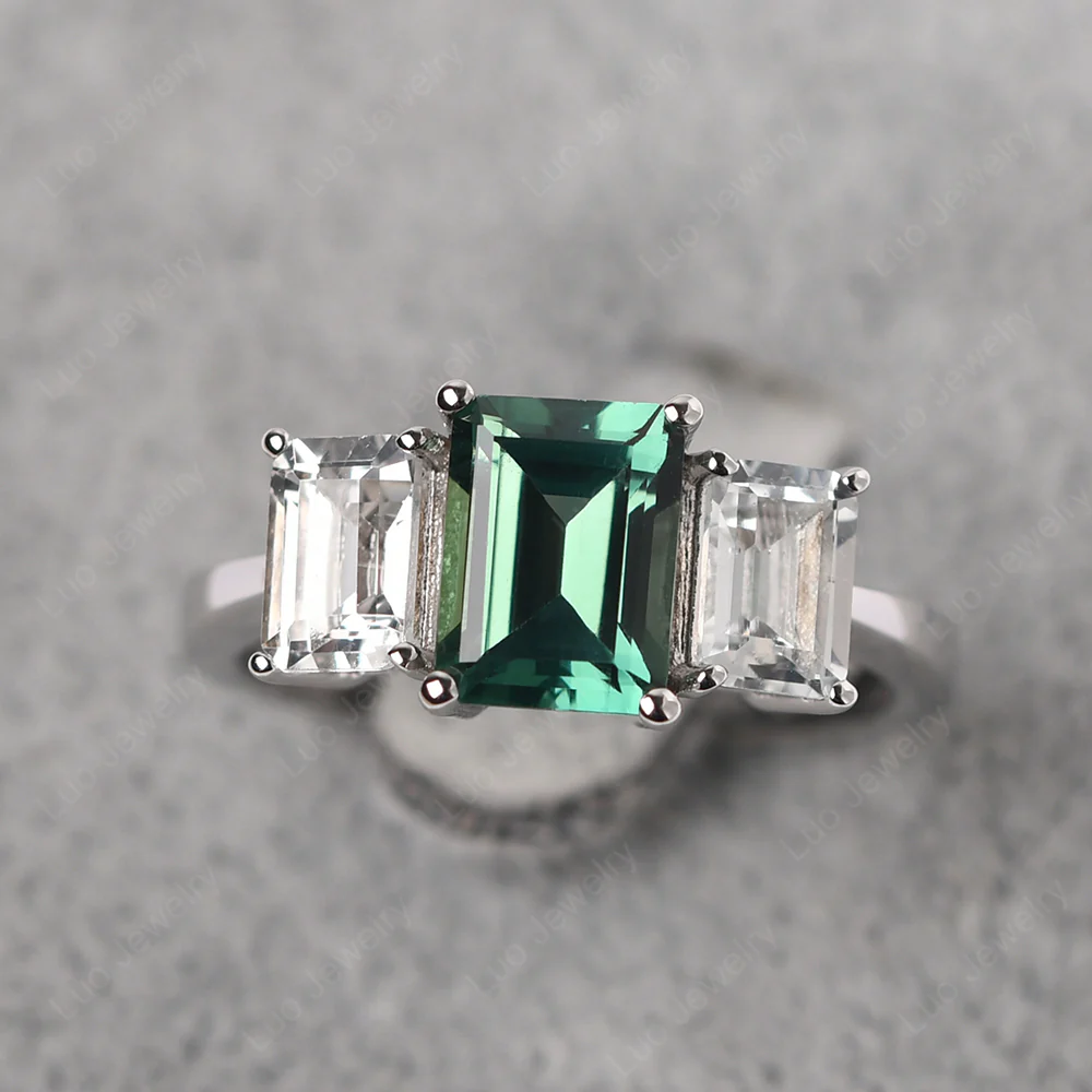 Green Sapphire Three Stone Emerald Cut Ring