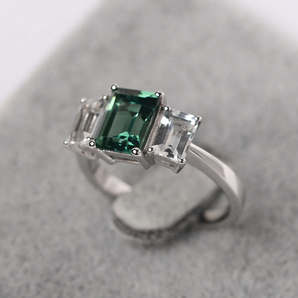 Green Sapphire Three Stone Emerald Cut Ring - Image 2