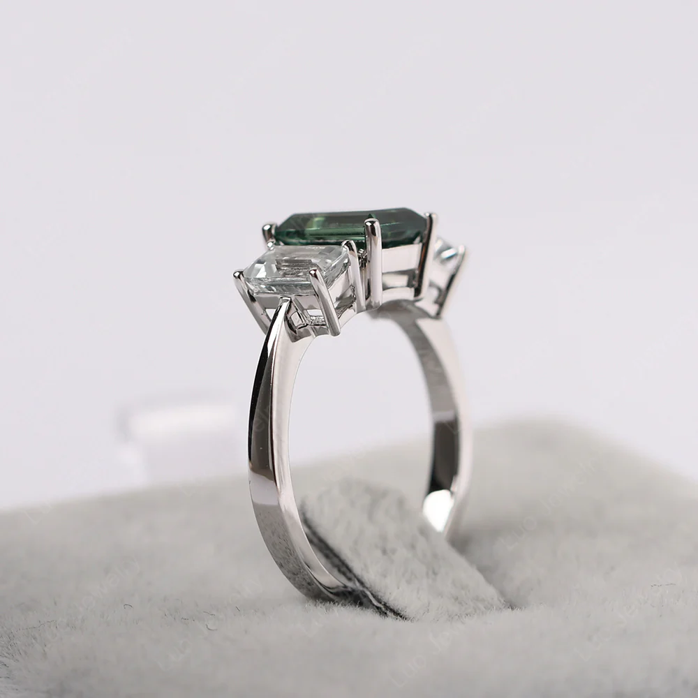 Green Sapphire Three Stone Emerald Cut Ring - Image 4