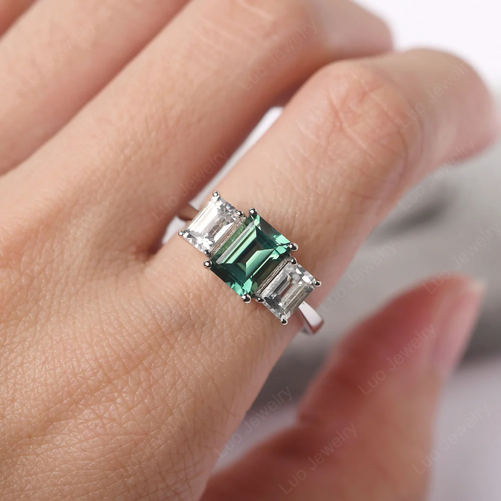 Green Sapphire Three Stone Emerald Cut Ring - Image 5