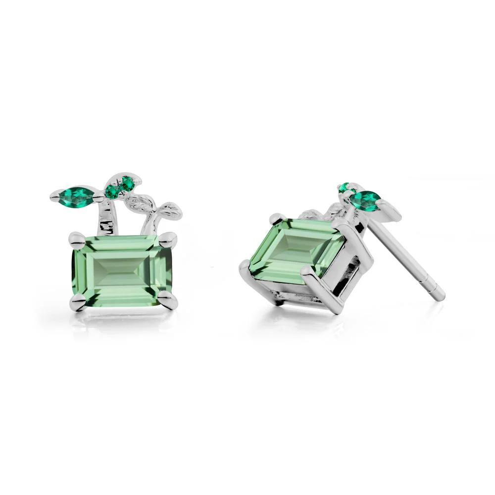 Emerald Cut Green Sapphire and Emerald Sprout Earrings - Image 2