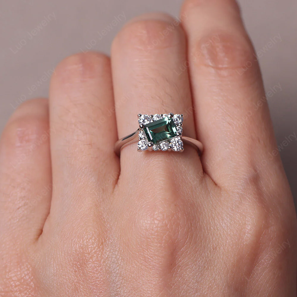 Emerald Cut Green Sapphire Halo Ring - Image 5