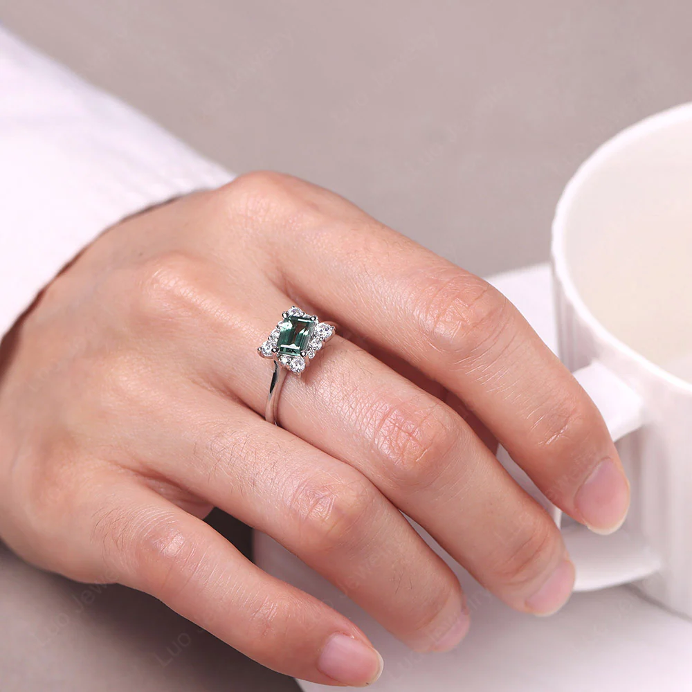 Emerald Cut Green Sapphire Halo Ring - Image 6
