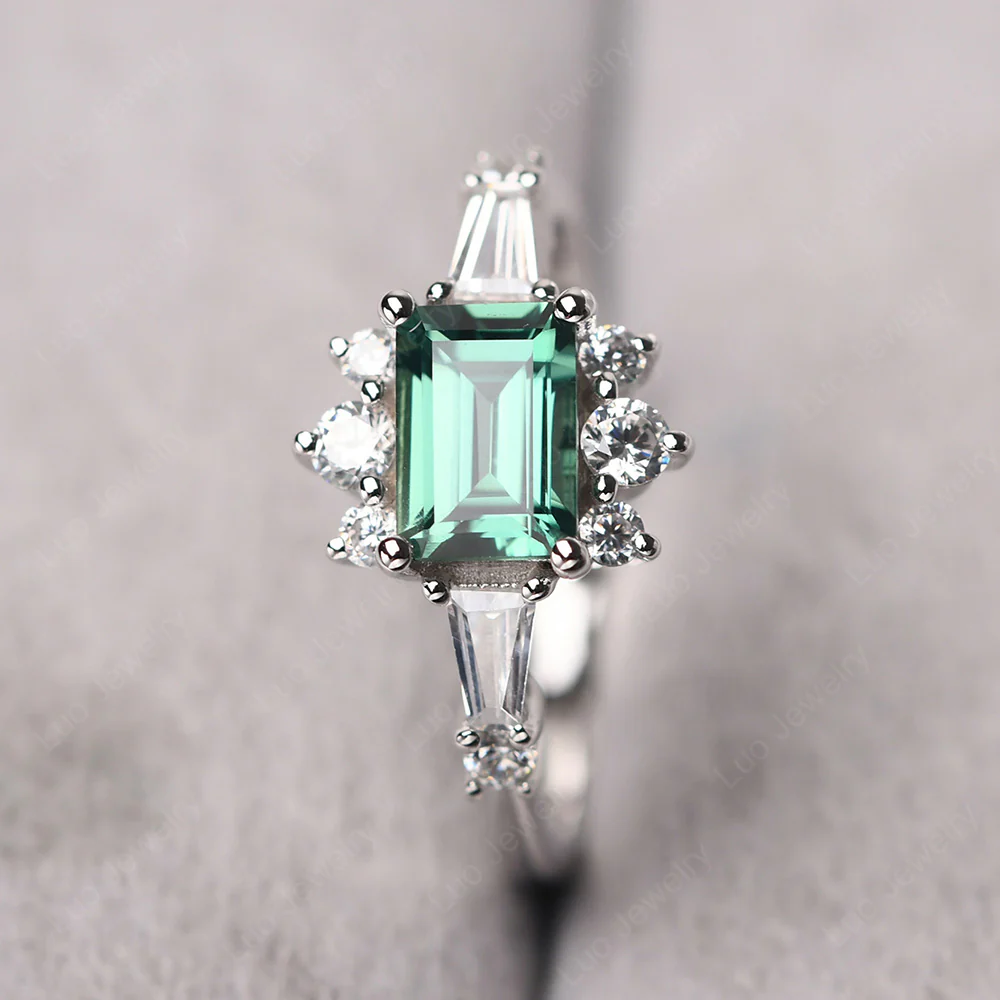 Green Sapphire Emerald Cut Sunburst Engagement Ring
