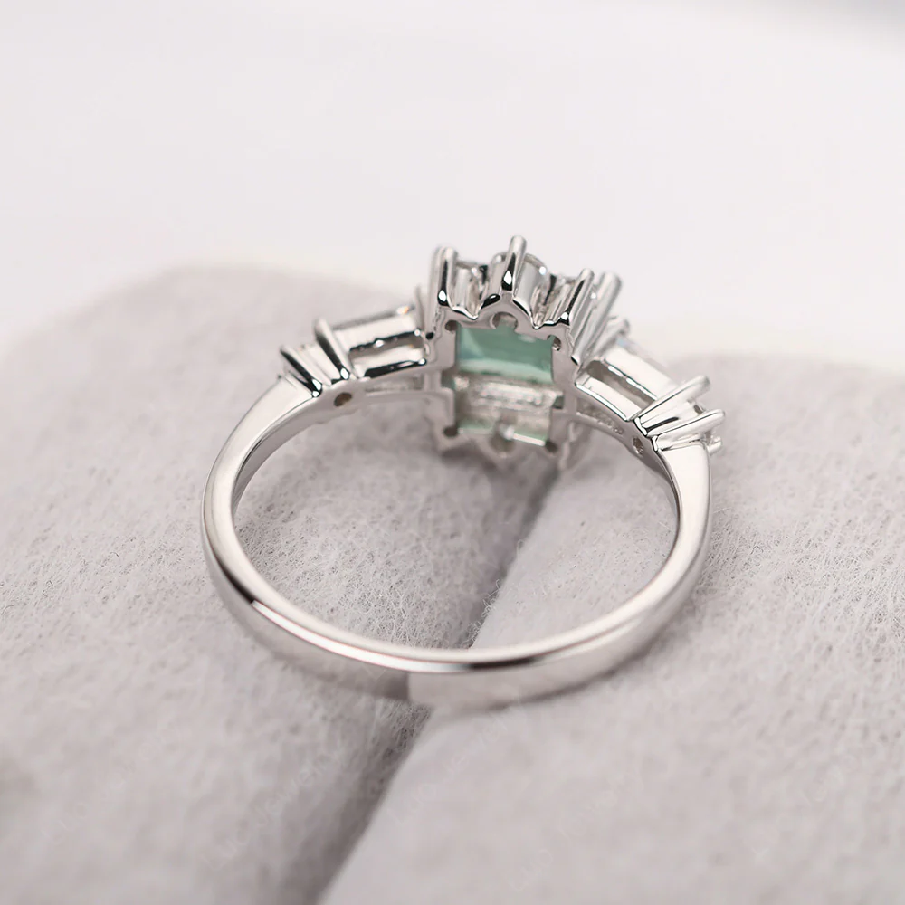 Green Sapphire Emerald Cut Sunburst Engagement Ring - Image 3