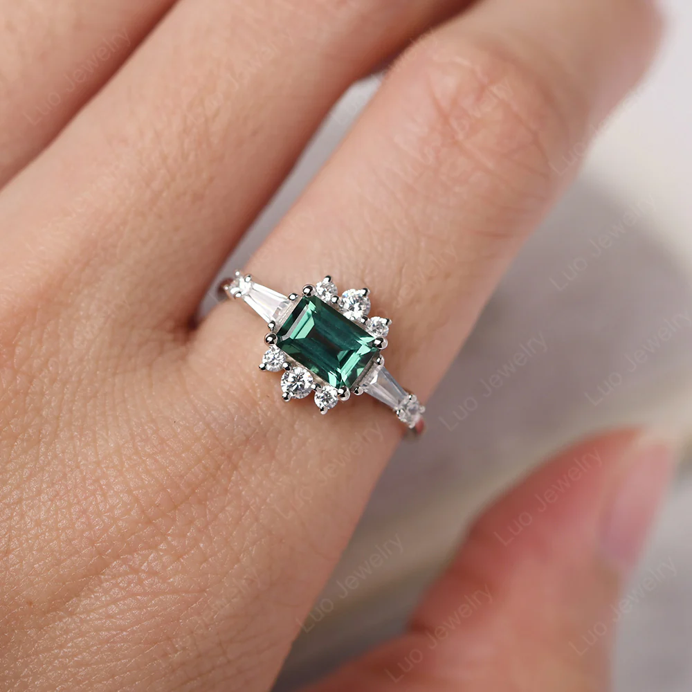 Green Sapphire Emerald Cut Sunburst Engagement Ring - Image 5