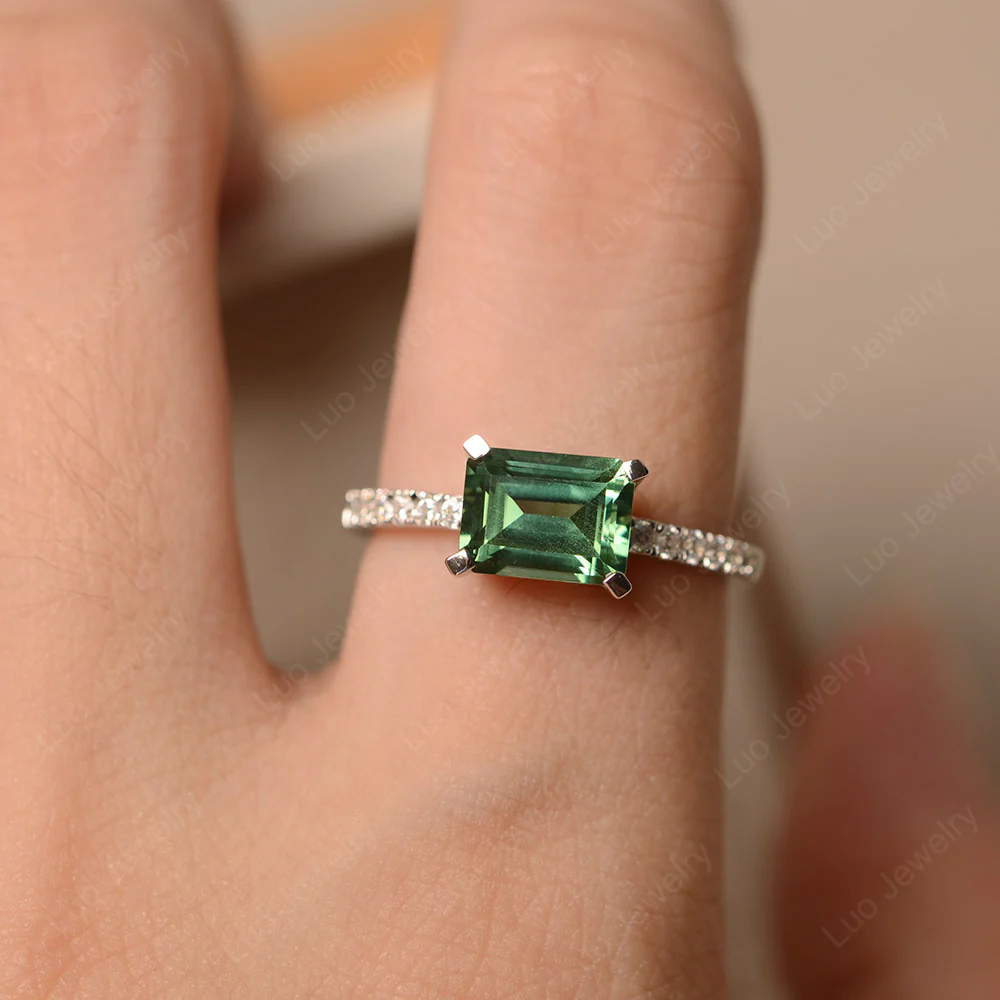 Emerald Cut Green Sapphire Horizontal Ring - Image 5