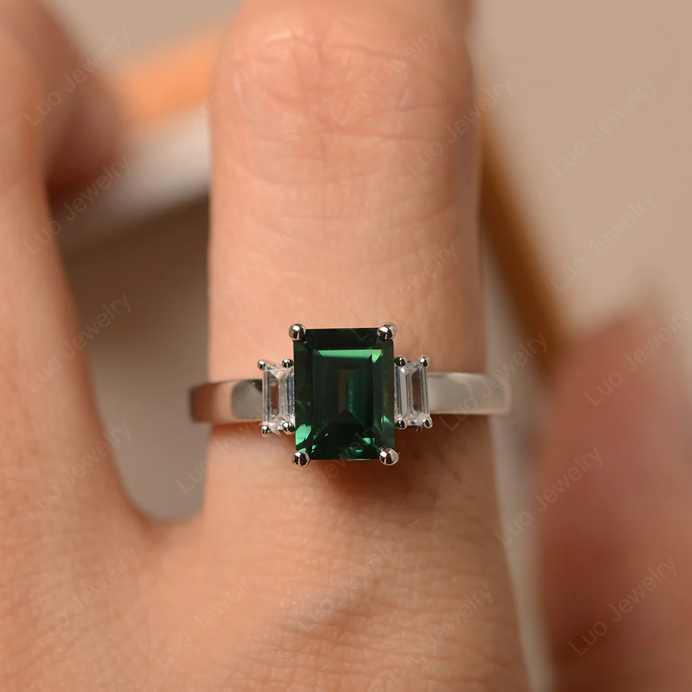 Emerald Cut Green Sapphire Ring with Baguettes - Image 5