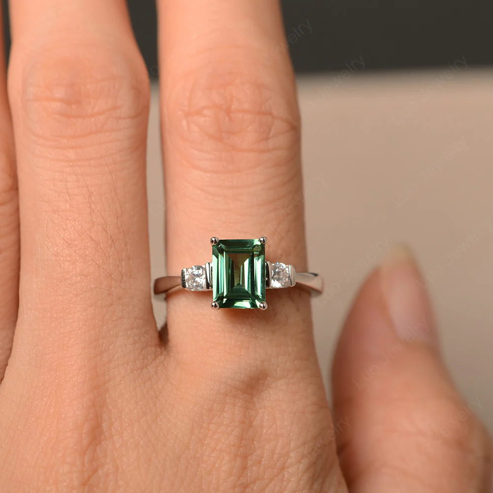 Emerald Cut Green Sapphire Trilogy Ring - Image 4