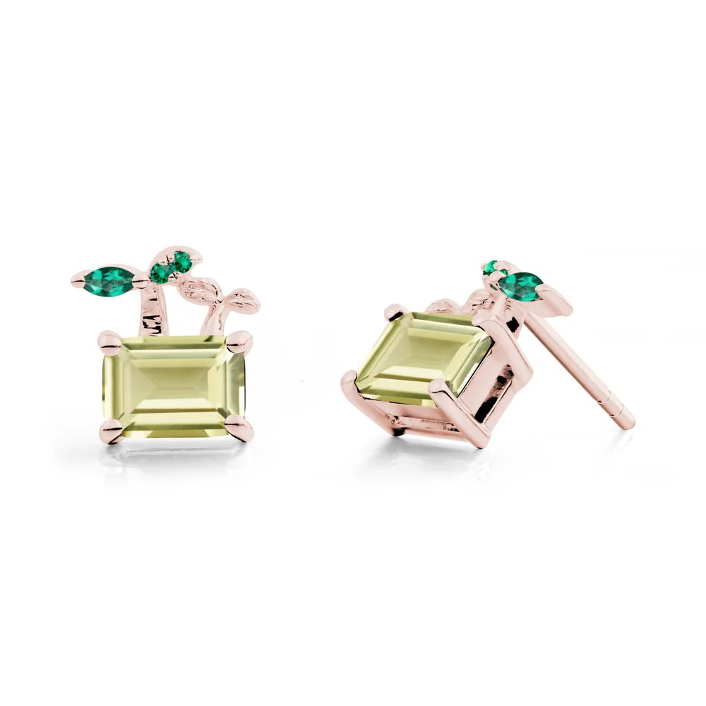 Emerald Cut Lemon Quartz and Emerald Sprout Earrings - Image 3