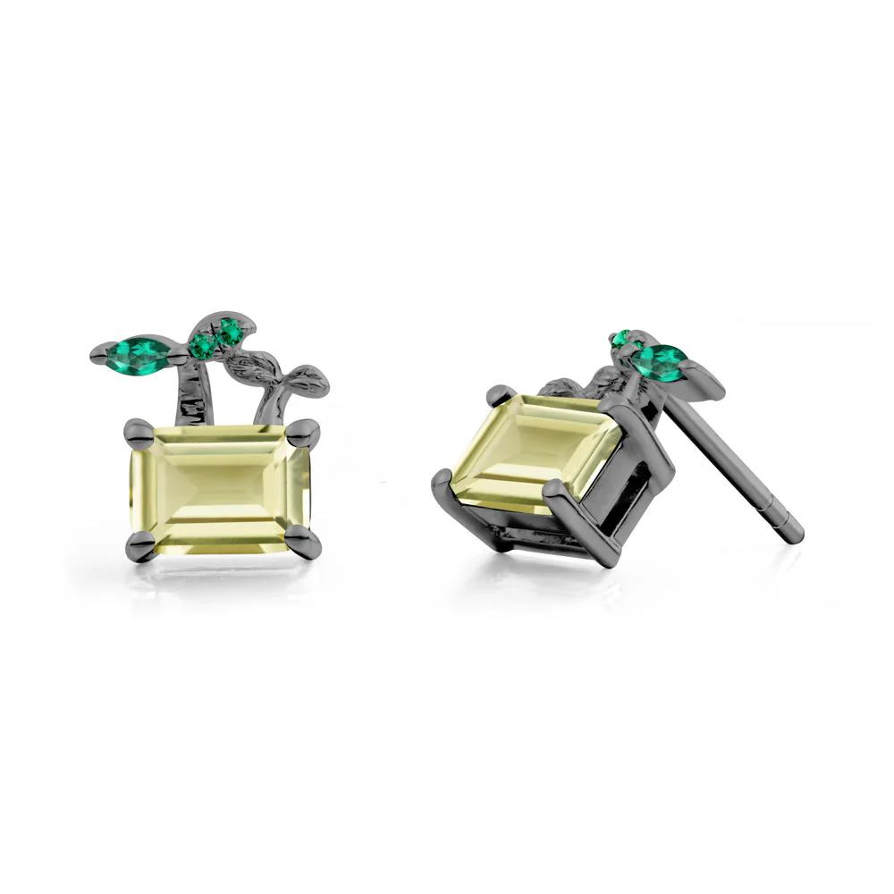 Emerald Cut Lemon Quartz and Emerald Sprout Earrings - Image 4