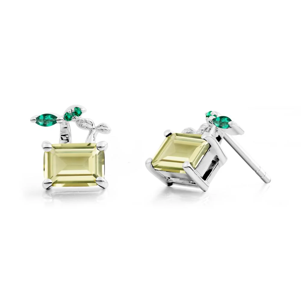 Emerald Cut Lemon Quartz and Emerald Sprout Earrings - Image 5