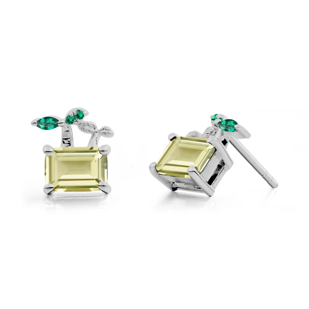 Emerald Cut Lemon Quartz and Emerald Sprout Earrings - Image 6