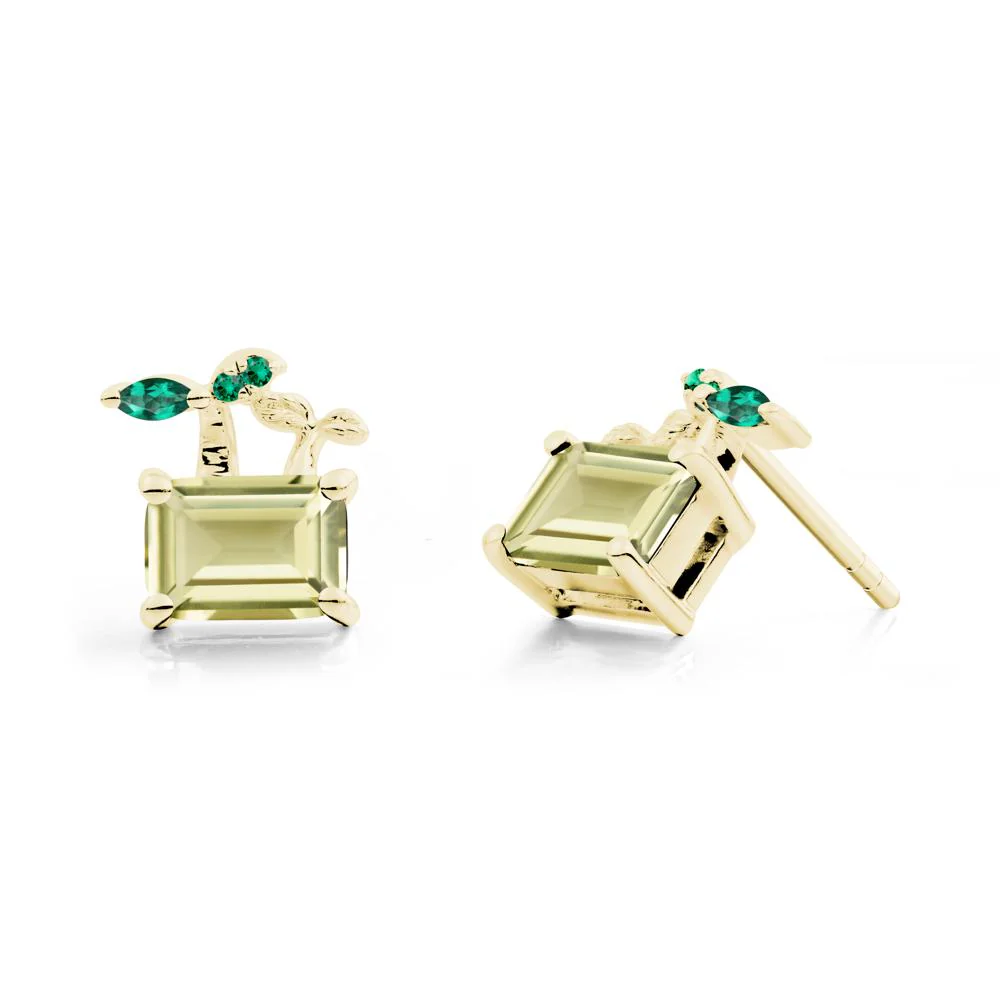 Emerald Cut Lemon Quartz and Emerald Sprout Earrings - Image 9