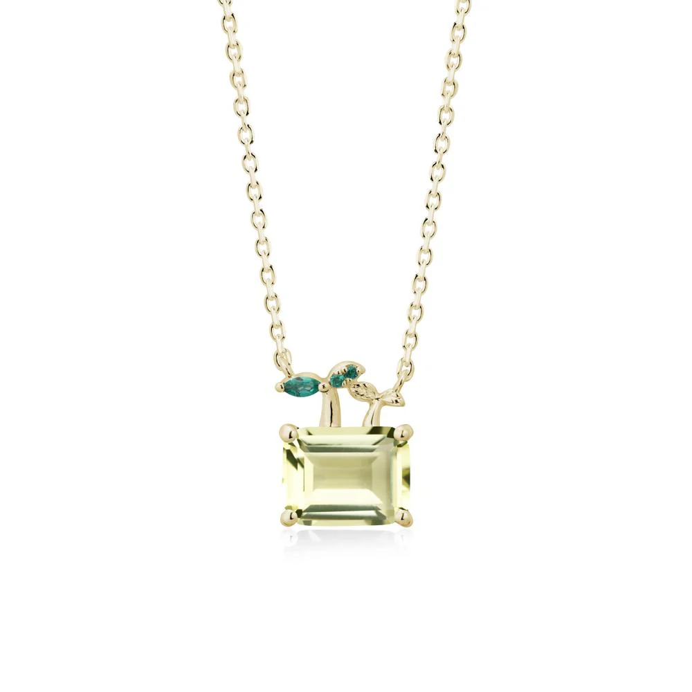 Emerald Cut Lemon Quartz and Emerald Sprout Necklace