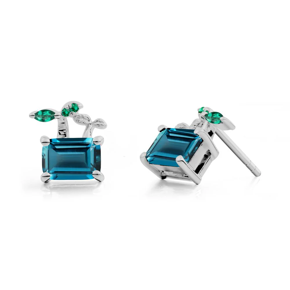 Emerald Cut London Blue Topaz and Emerald Sprout Earrings - Image 2