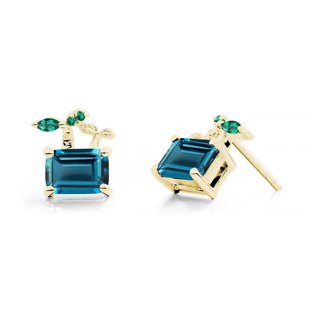 Emerald Cut London Blue Topaz and Emerald Sprout Earrings - Image 3