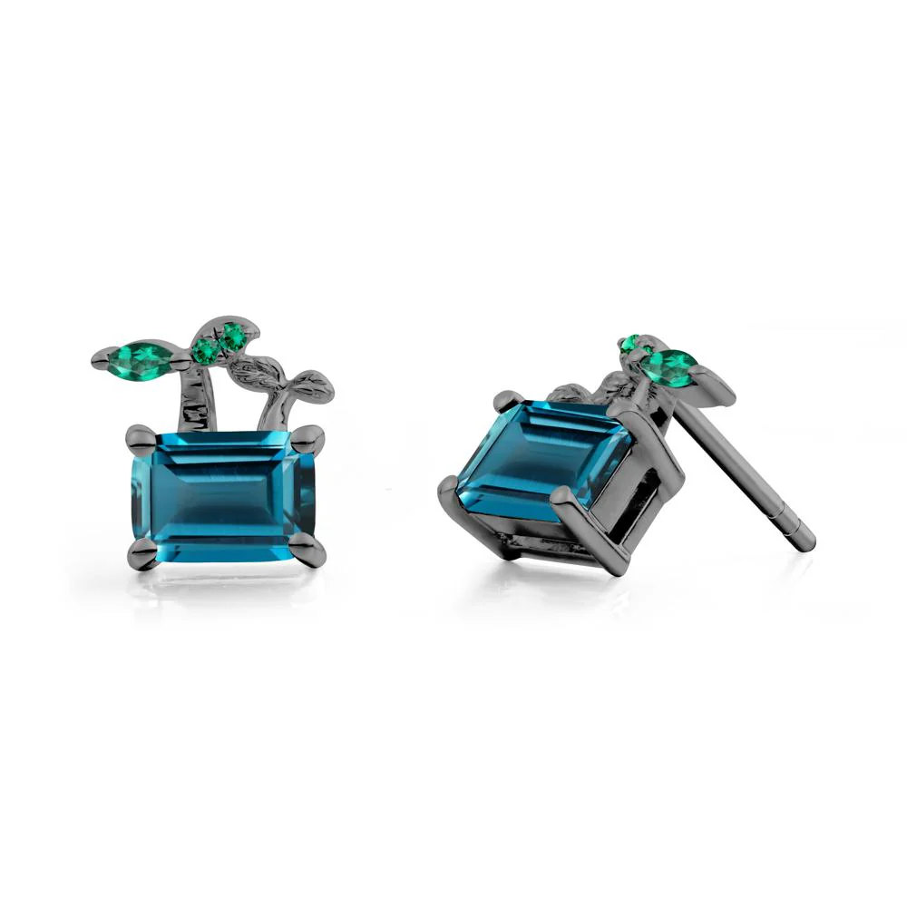 Emerald Cut London Blue Topaz and Emerald Sprout Earrings - Image 6