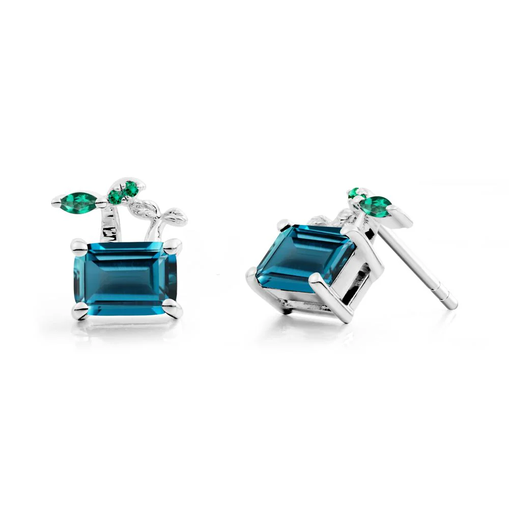 Emerald Cut London Blue Topaz and Emerald Sprout Earrings - Image 7