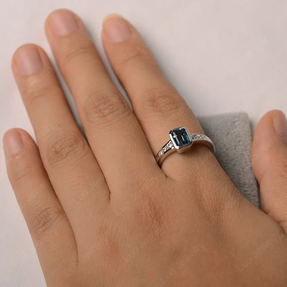 Emerald Cut London Blue Topaz Bezel Set Ring - Image 4