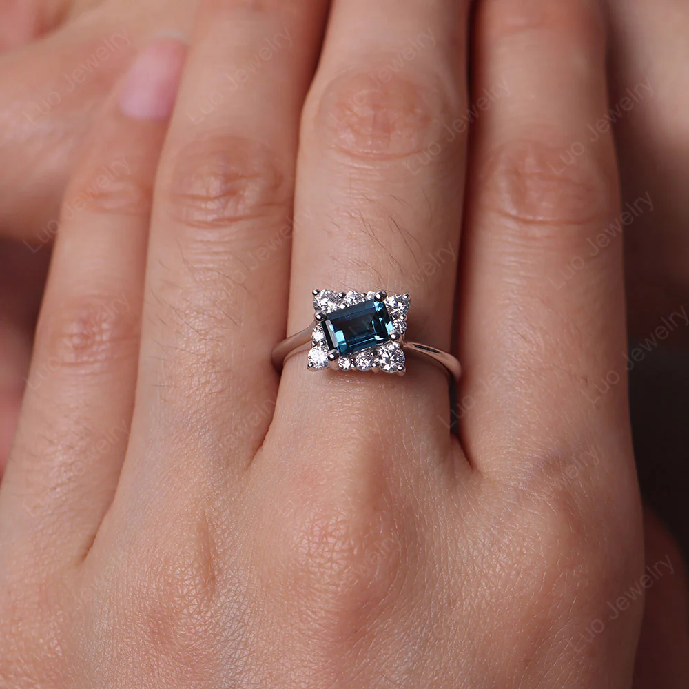 Emerald Cut London Blue Topaz Halo Ring - Image 5