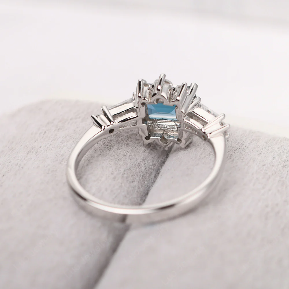 London Blue Topaz Emerald Cut Sunburst Engagement Ring - Image 3
