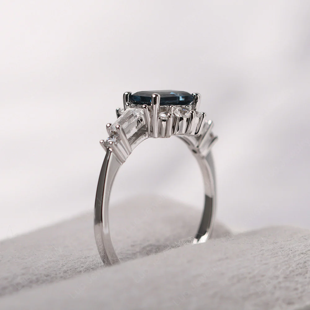London Blue Topaz Emerald Cut Sunburst Engagement Ring - Image 4