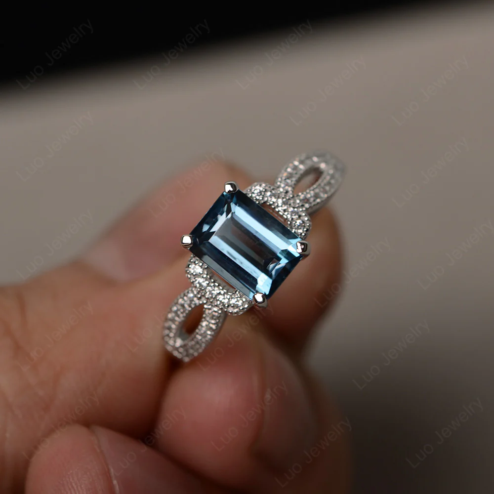 Emerald Cut London Blue Topaz Ring Art Deco