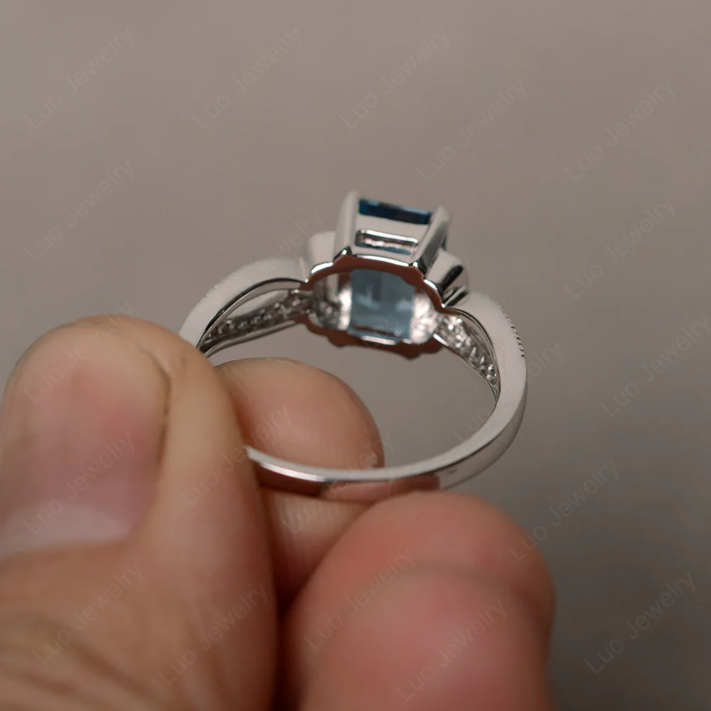 Emerald Cut London Blue Topaz Ring Art Deco - Image 2