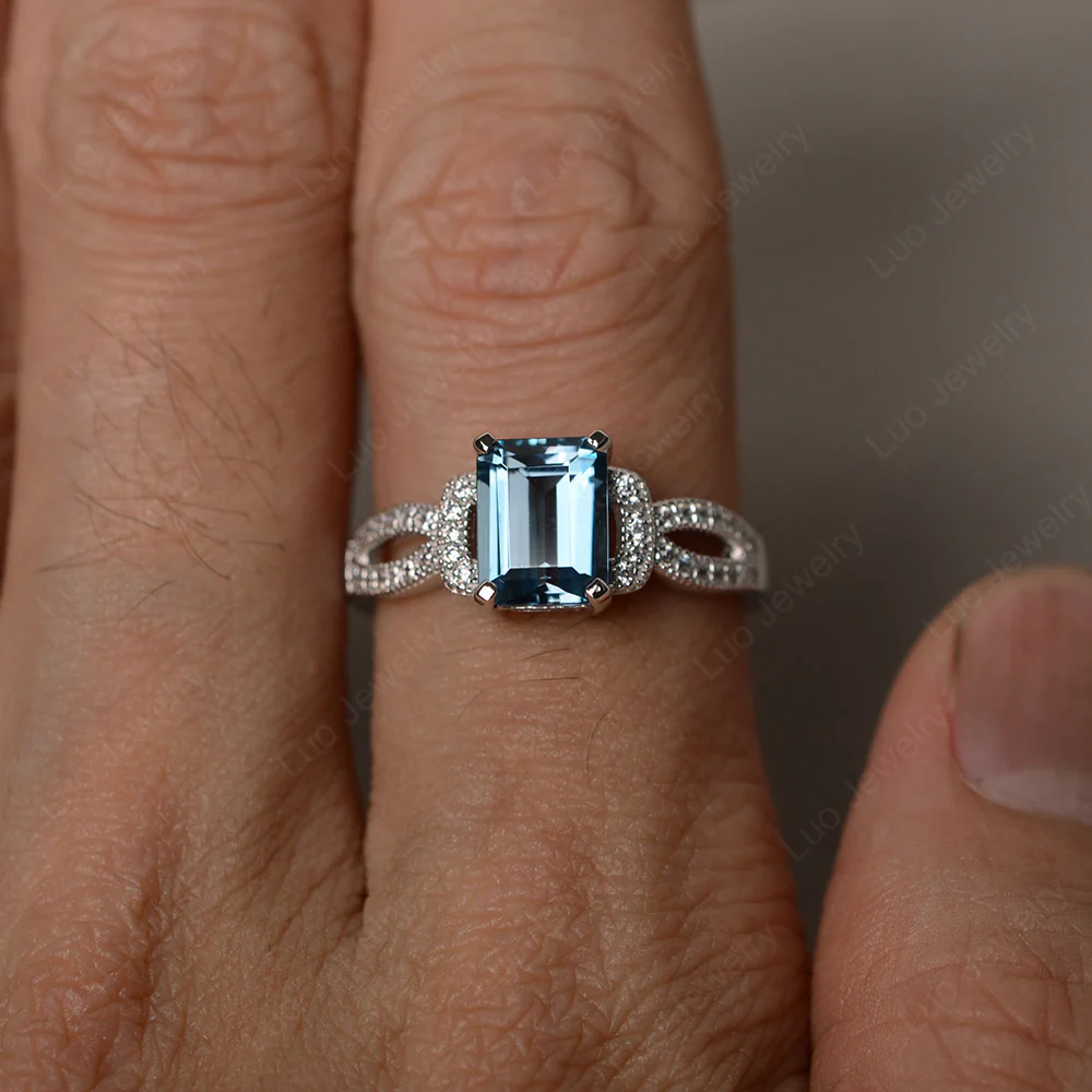 Emerald Cut London Blue Topaz Ring Art Deco - Image 3