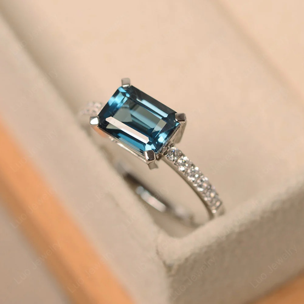 Emerald Cut London Blue Topaz Horizontal Ring - Image 2