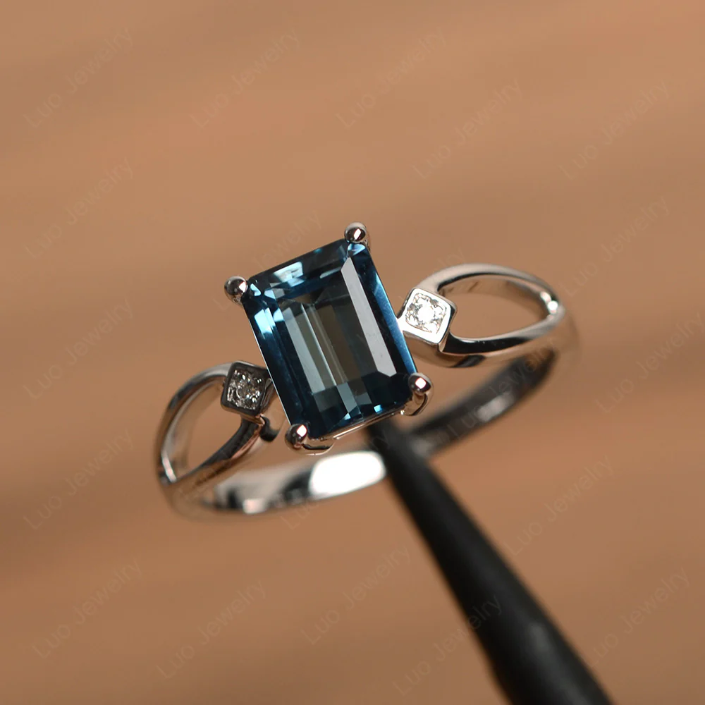 Emerald Cut London Blue Topaz Ring Split Shank