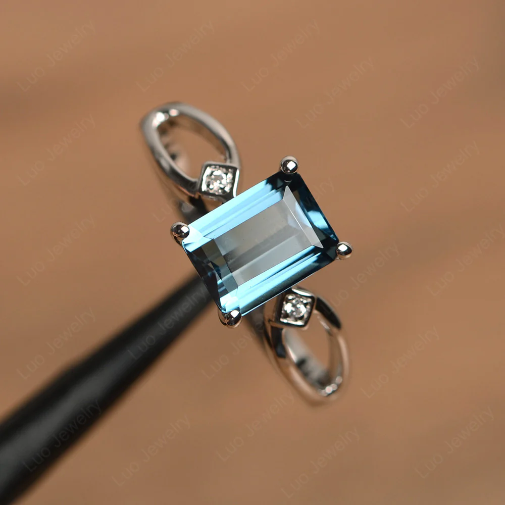 Emerald Cut London Blue Topaz Ring Split Shank - Image 2