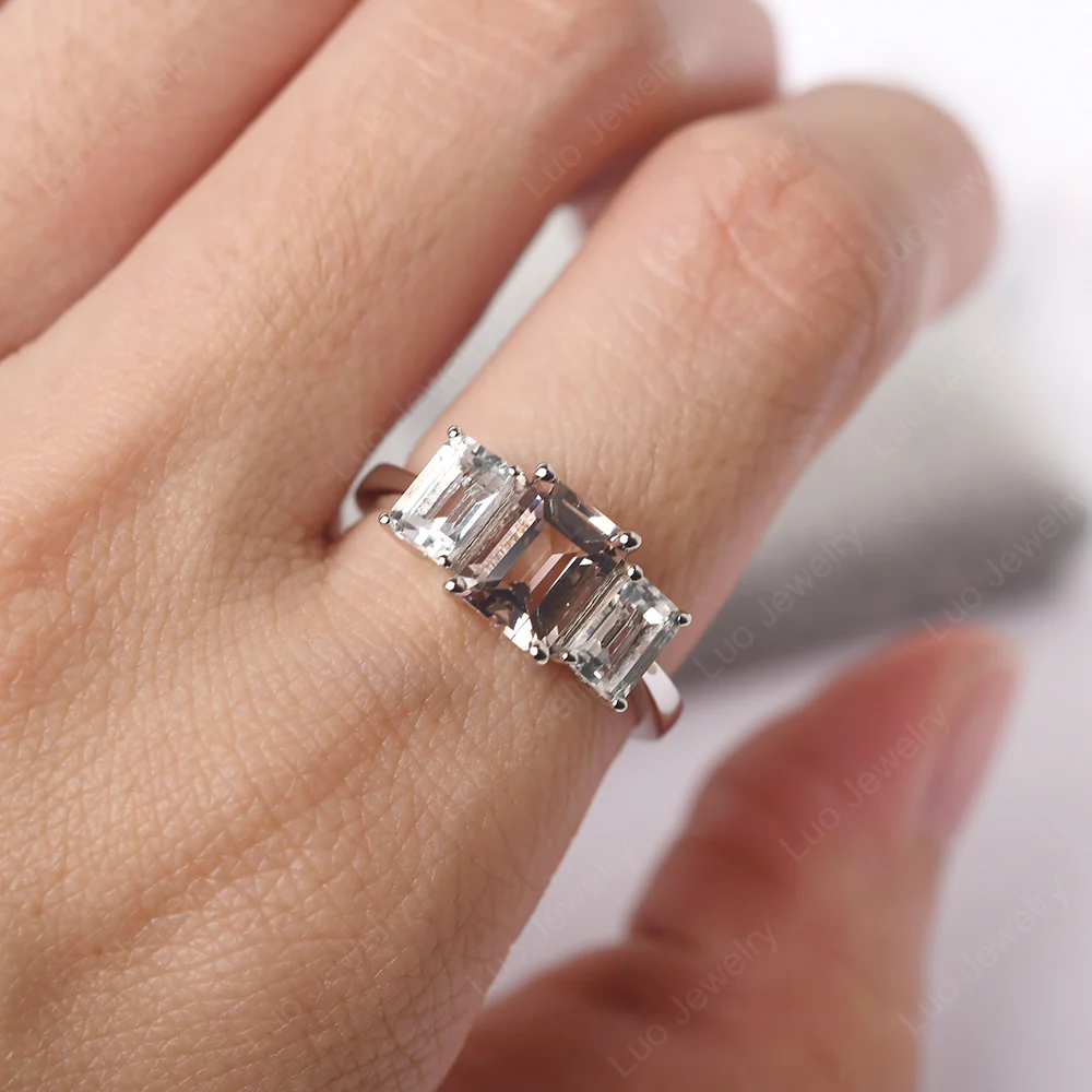 Morganite Three Stone Emerald Cut Engagement Ring - Image 4