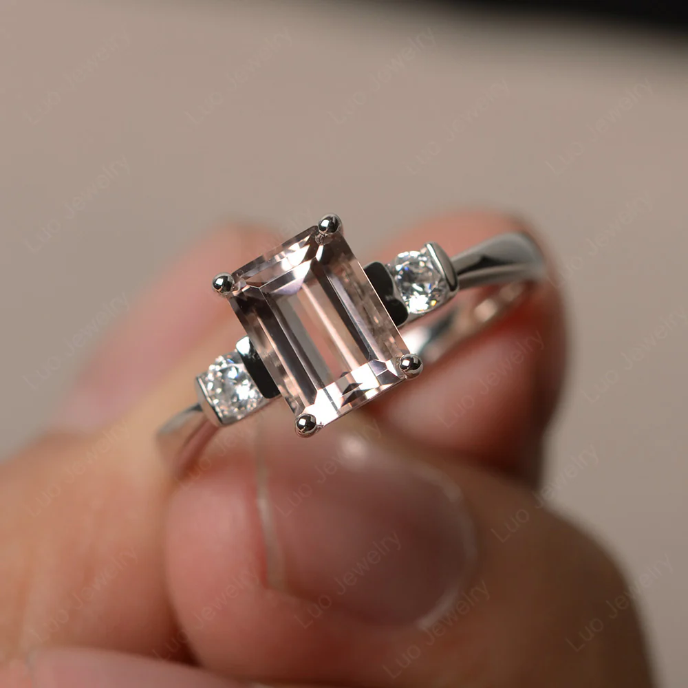 Emerald Cut Morganite Trilogy Ring - Image 2
