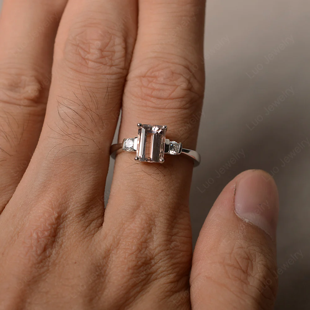 Emerald Cut Morganite Trilogy Ring - Image 4