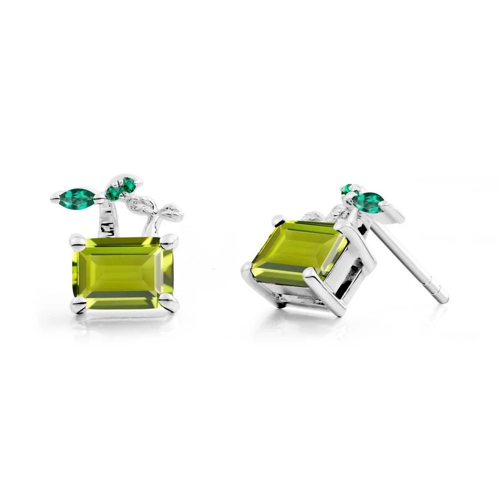 Emerald Cut Peridot and Emerald Sprout Earrings - Image 2