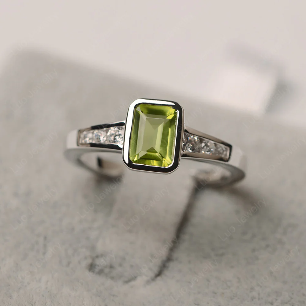 Peridot Emerald Cut Bezel Ring