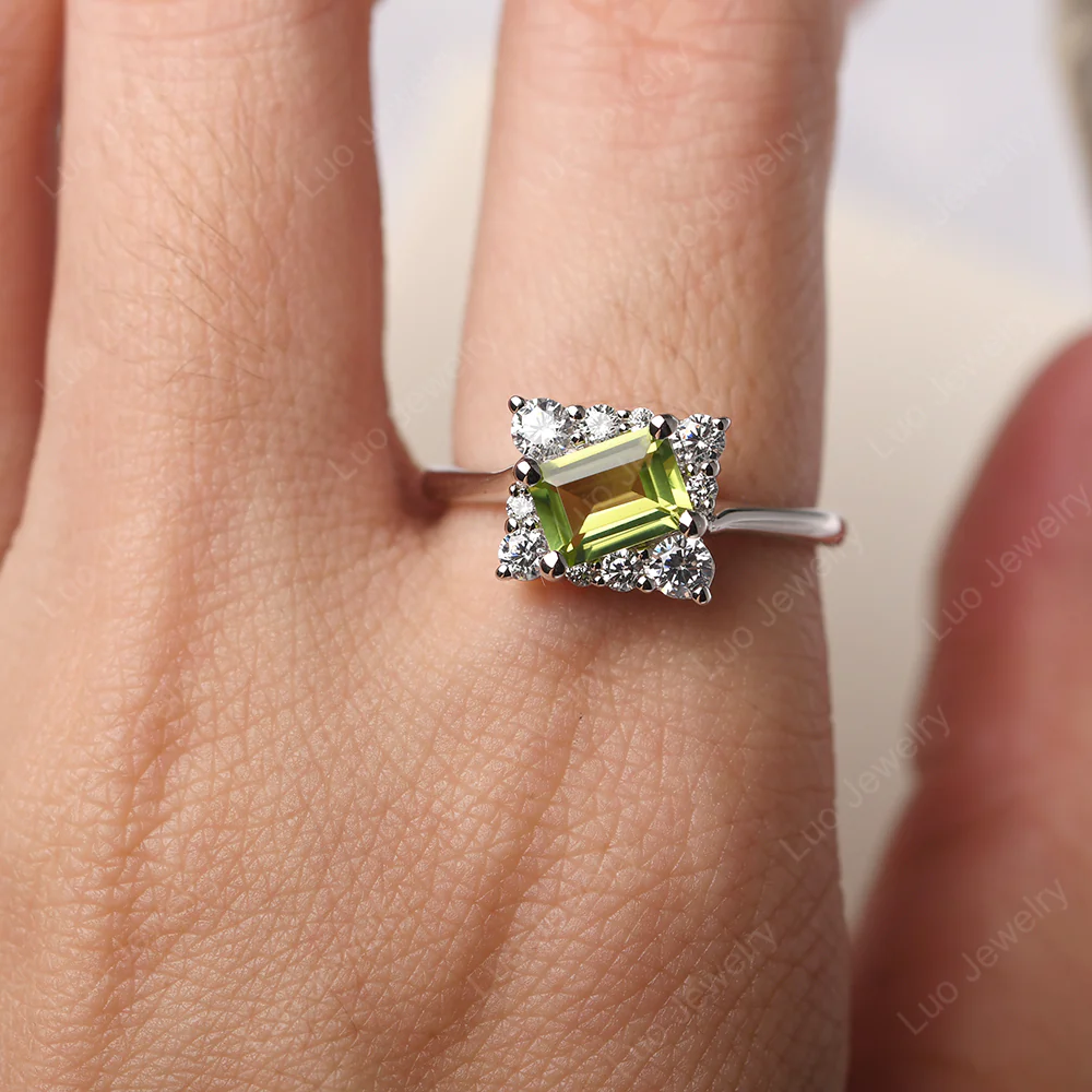 Emerald Cut Peridot Halo Ring - Image 5