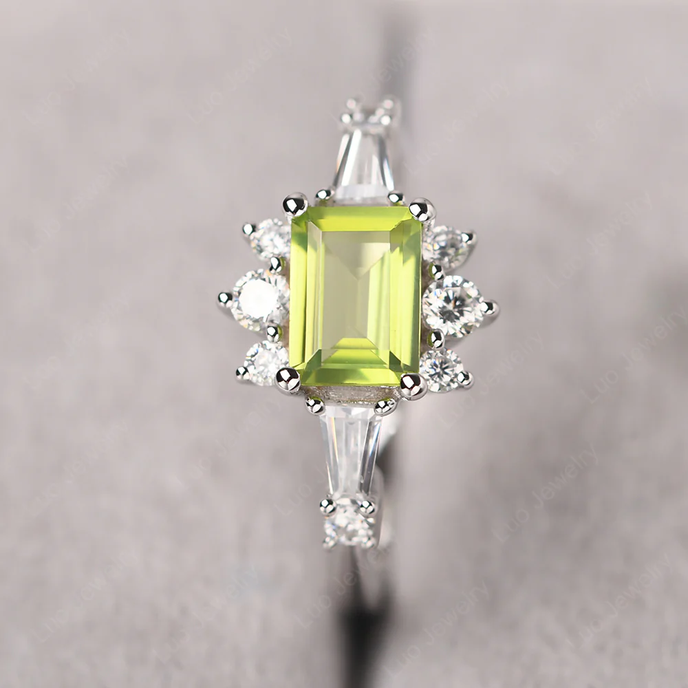 Peridot Emerald Cut Sunburst Engagement Ring