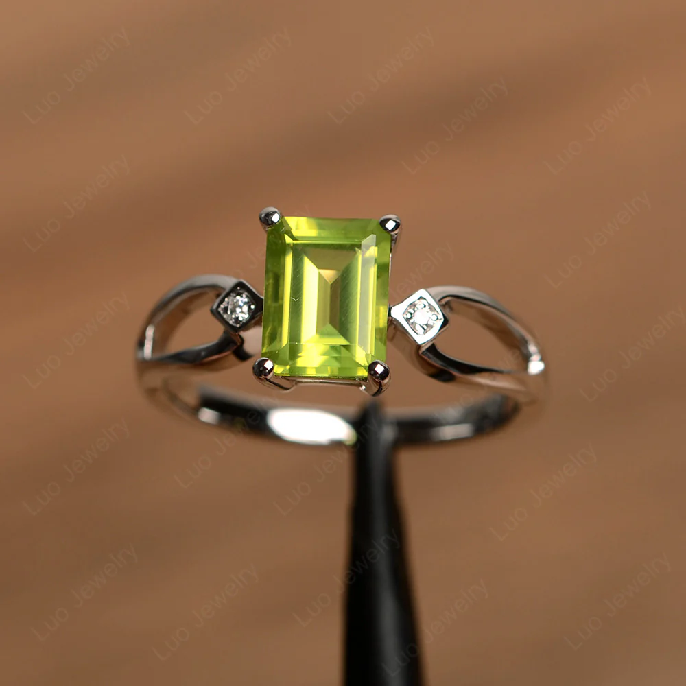 Emerald Cut Peridot Ring Split Shank
