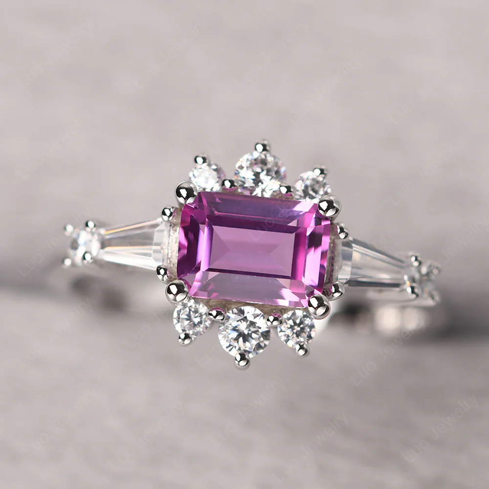 Pink Sapphire Emerald Cut Sunburst Engagement Ring