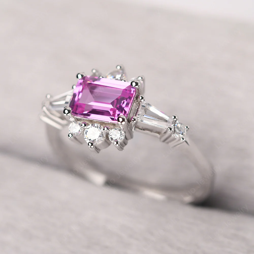 Pink Sapphire Emerald Cut Sunburst Engagement Ring - Image 2