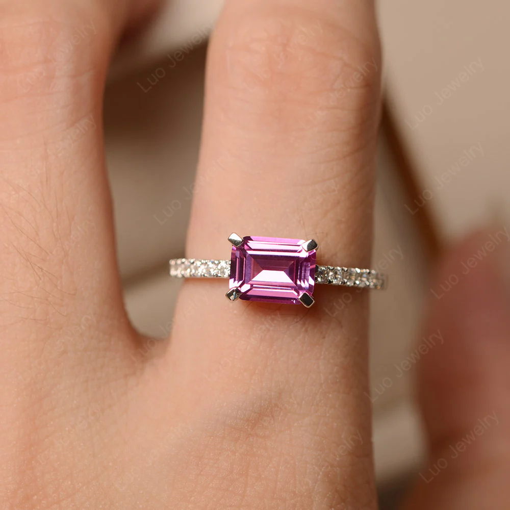 Emerald Cut Pink Sapphire Horizontal Ring - Image 5