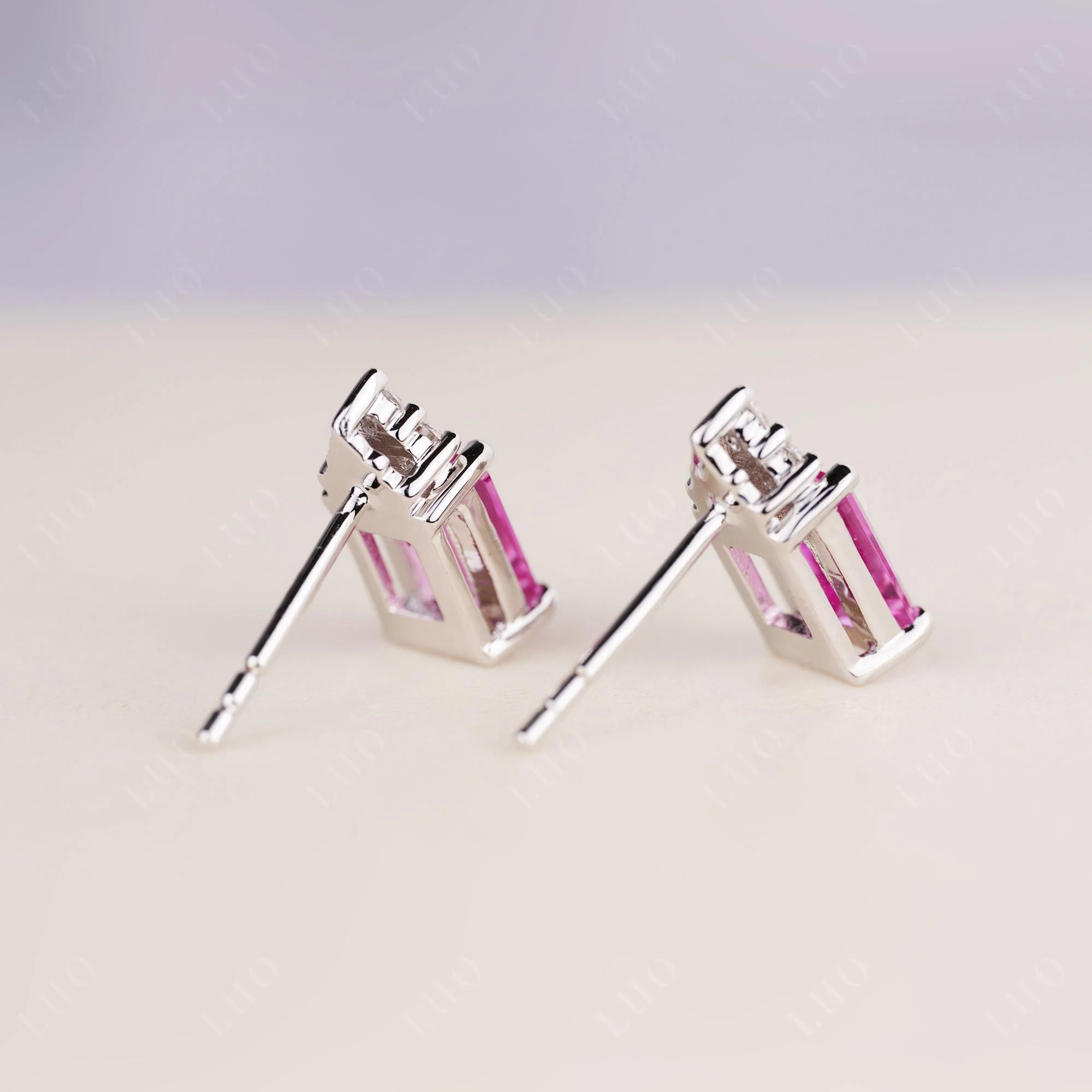 Emerald Cut Pink Sapphire Stud Earrings - Image 3