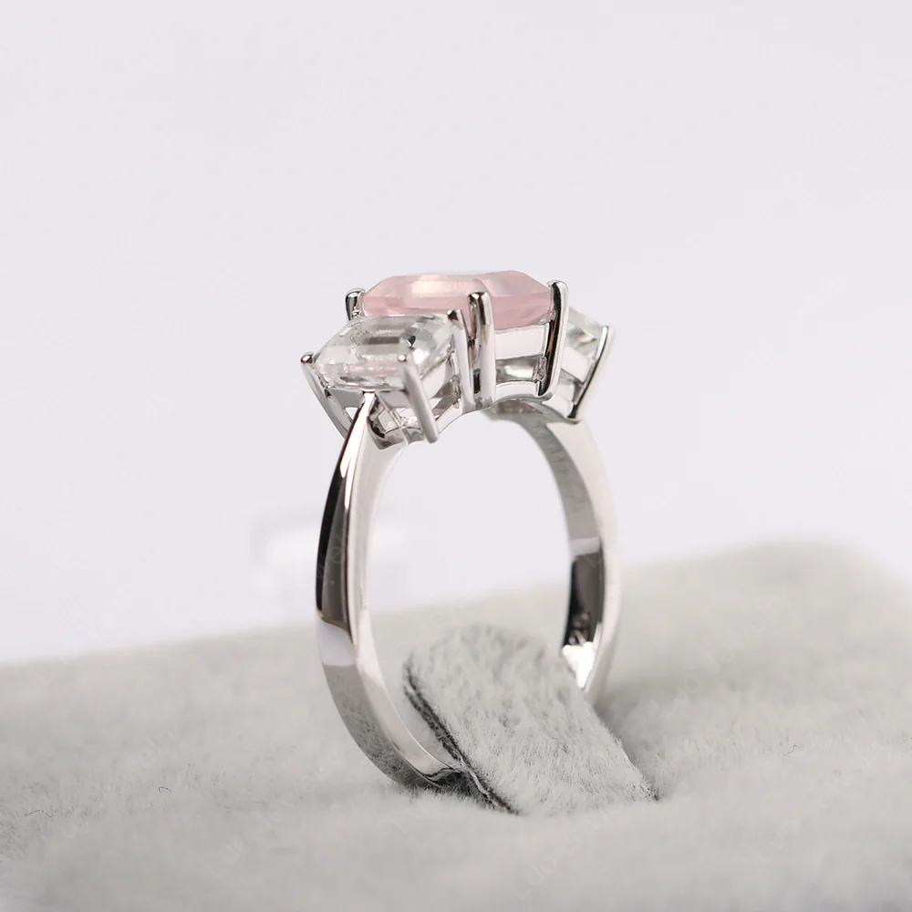 Rose Quartz Three Stone Emerald Cut Ring - Image 5