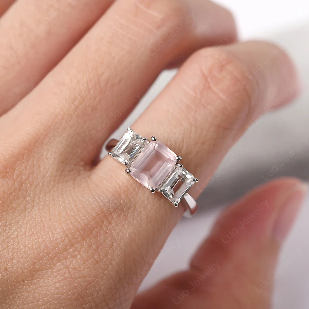 Rose Quartz Three Stone Emerald Cut Ring - Image 6