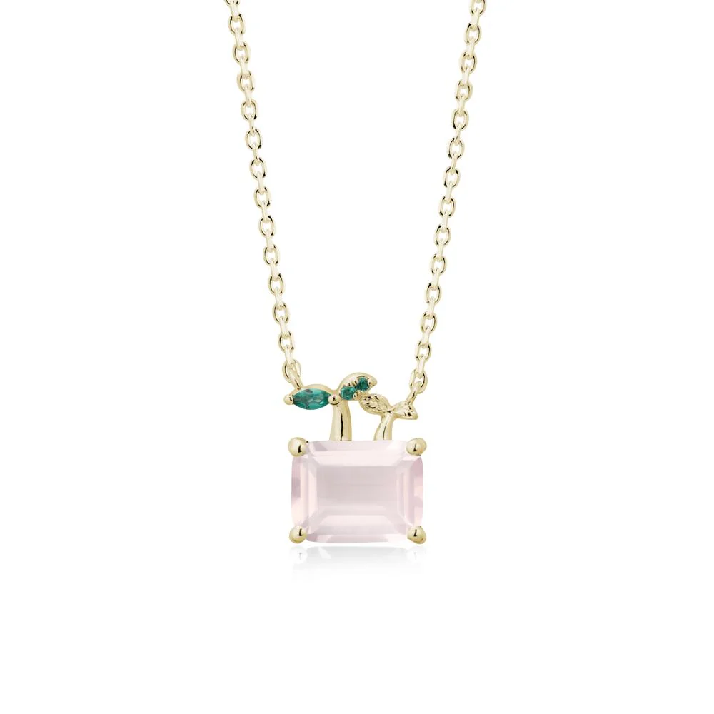 Emerald Cut Rose Quartz and Emerald Sprout Necklace - Image 4