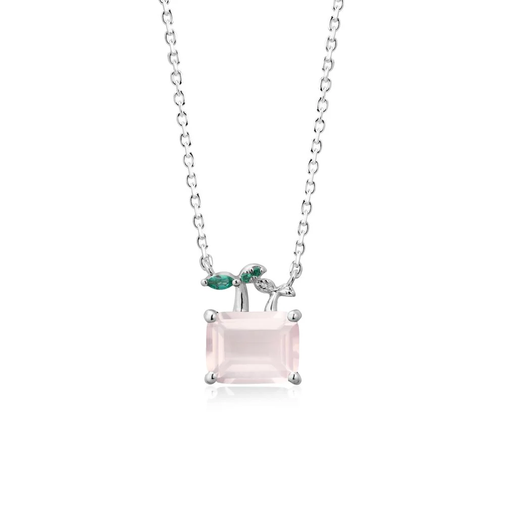 Emerald Cut Rose Quartz and Emerald Sprout Necklace - Image 9